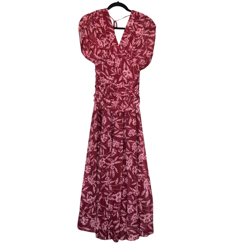 Floral Mesh Ruched V-Neck Dress Burgundy Pink Botanical Tropical Summer Fling